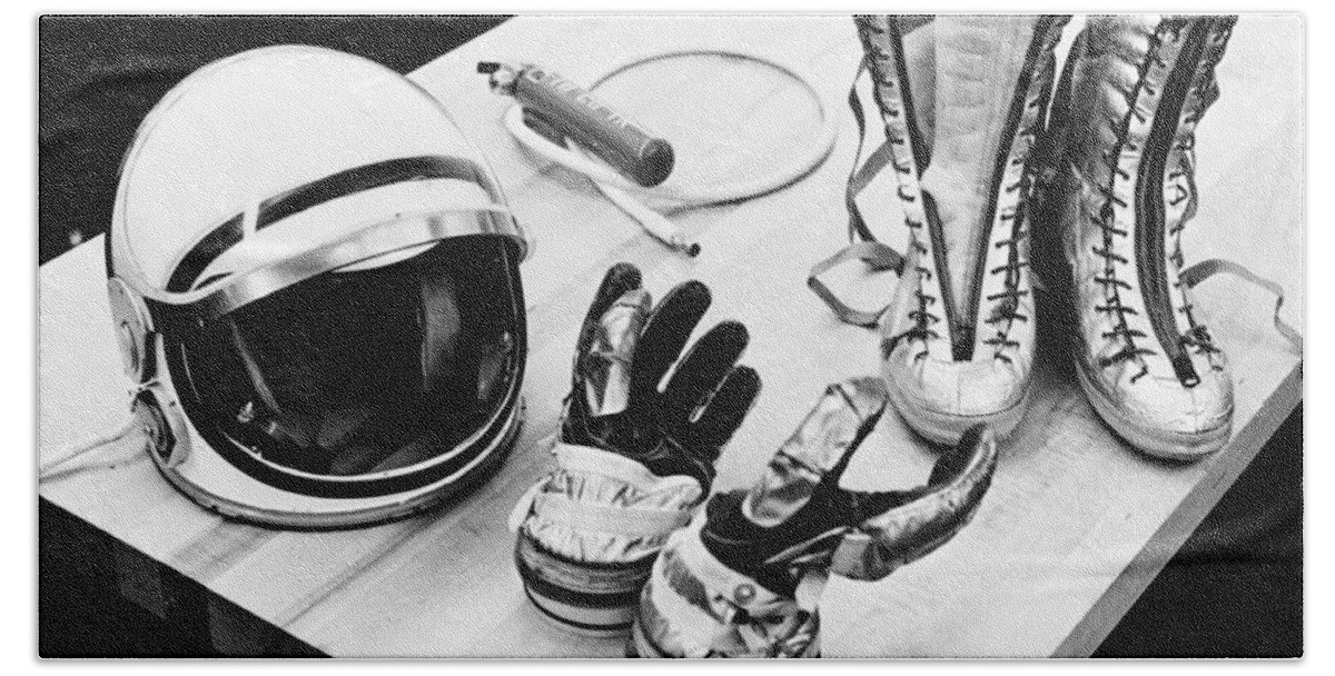  (28 July 1961) --- Table Top View Beach Towel featuring the photograph NASA Mercury suit components including gloves boots and helmet by Vintage Collectables