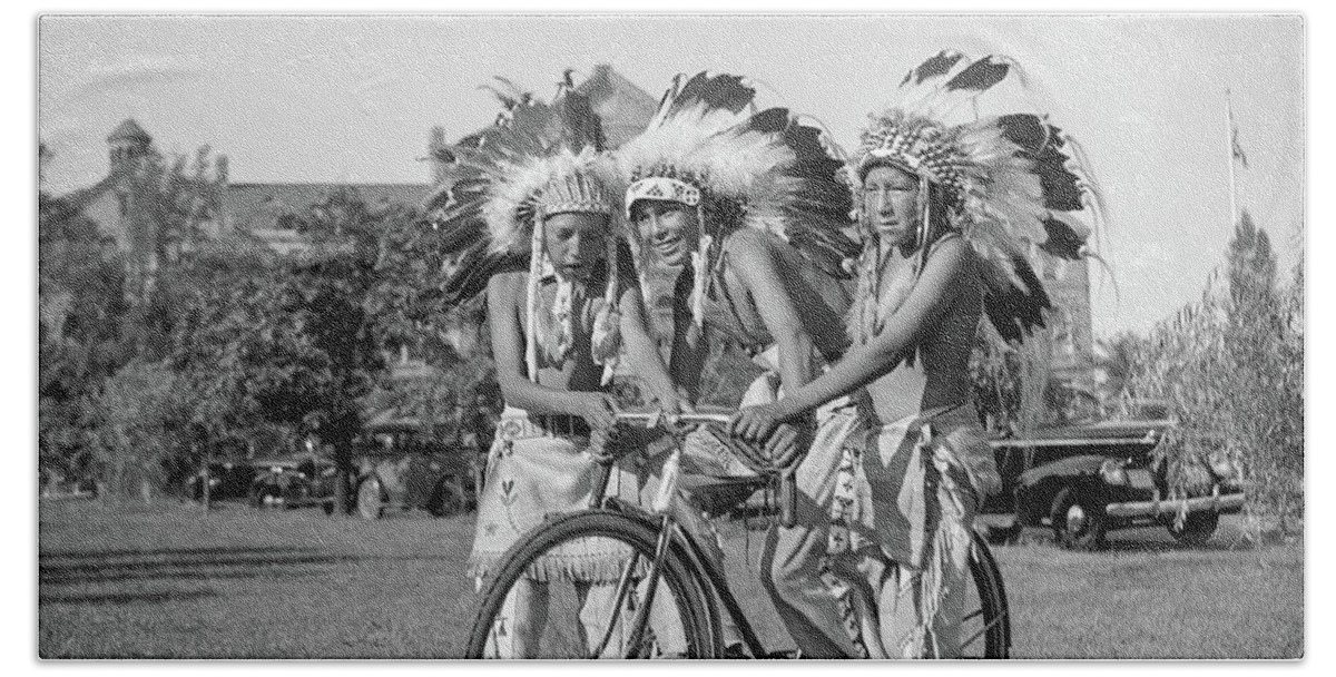 Native Americans Beach Towel featuring the photograph Native Americans With Bicycle by Anthony Murphy