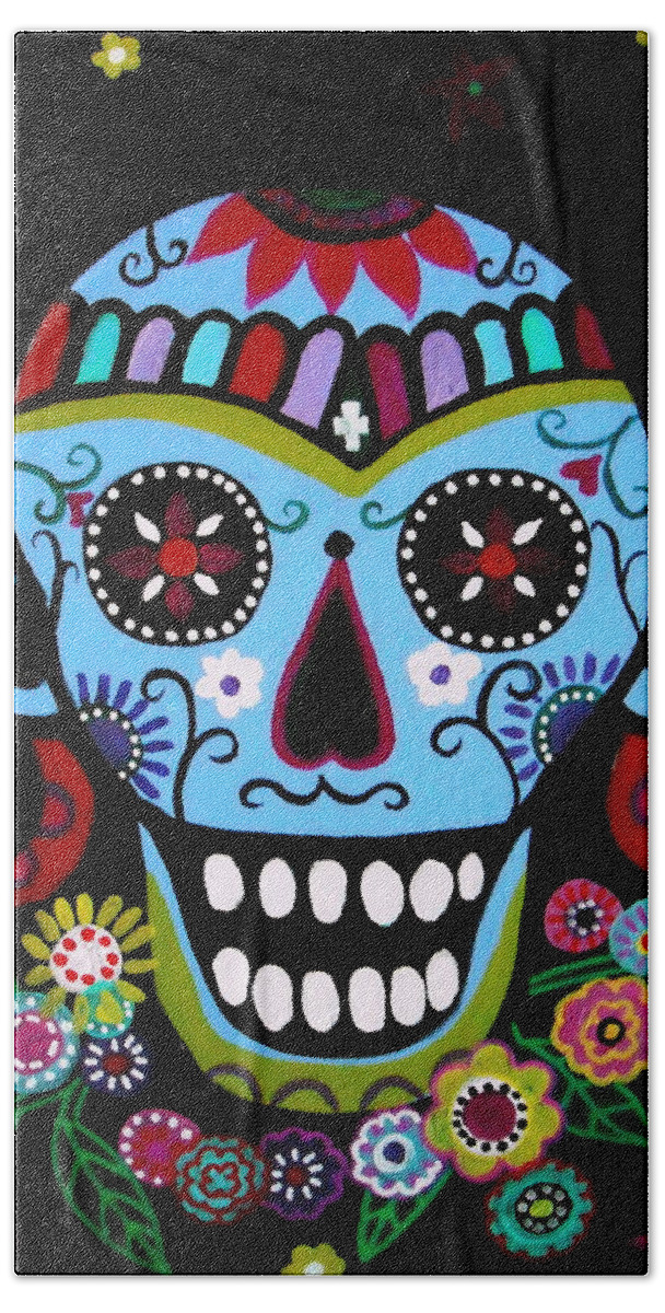 Native Beach Towel featuring the painting Native Dia De Los Muertos Skull by Pristine Cartera Turkus