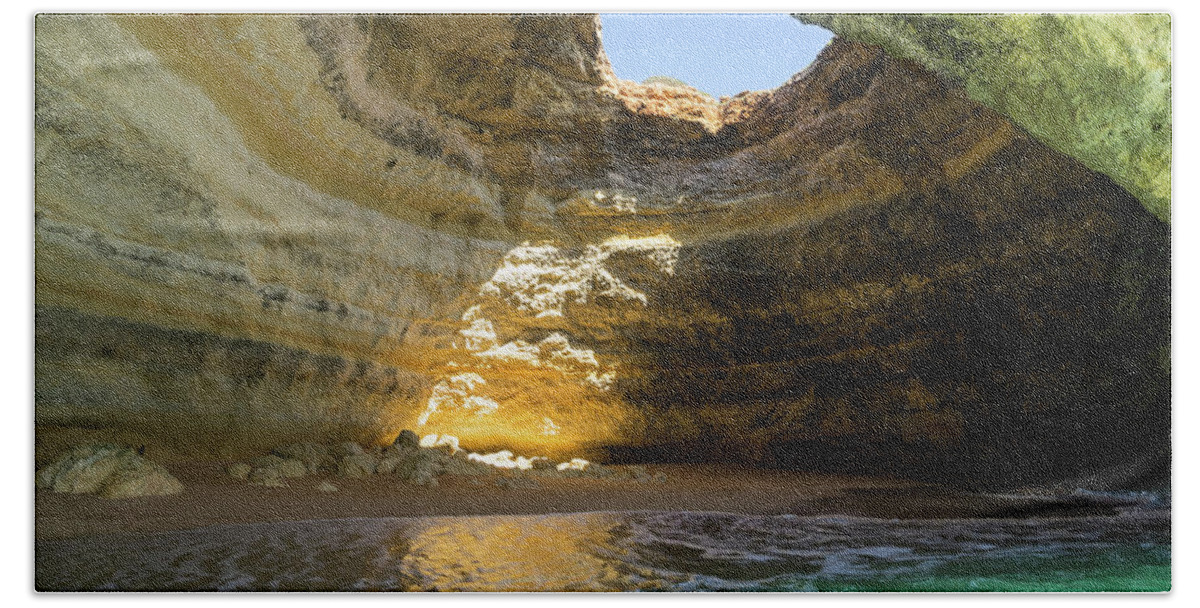 Georgia Mizuleva Beach Sheet featuring the photograph Natural Oculus - Inside the Iconic Algar de Benagil Sea Cave in Algarve Portugal by Georgia Mizuleva
