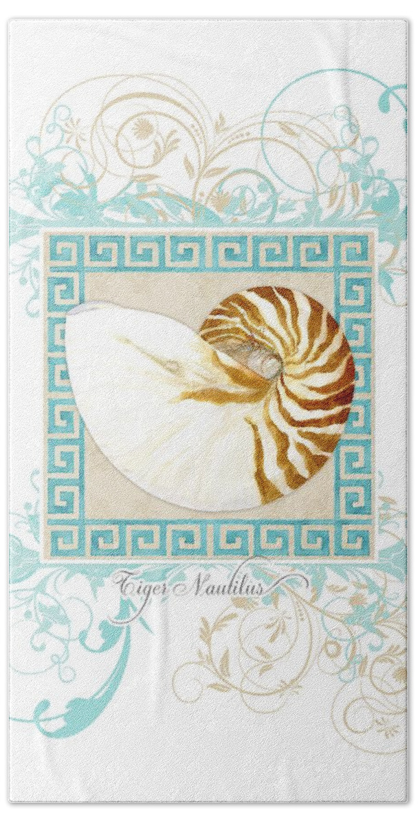 Nautilus Beach Towel featuring the painting Nautilus Shell Greek Key w Swirl Flourishes by Audrey Jeanne Roberts