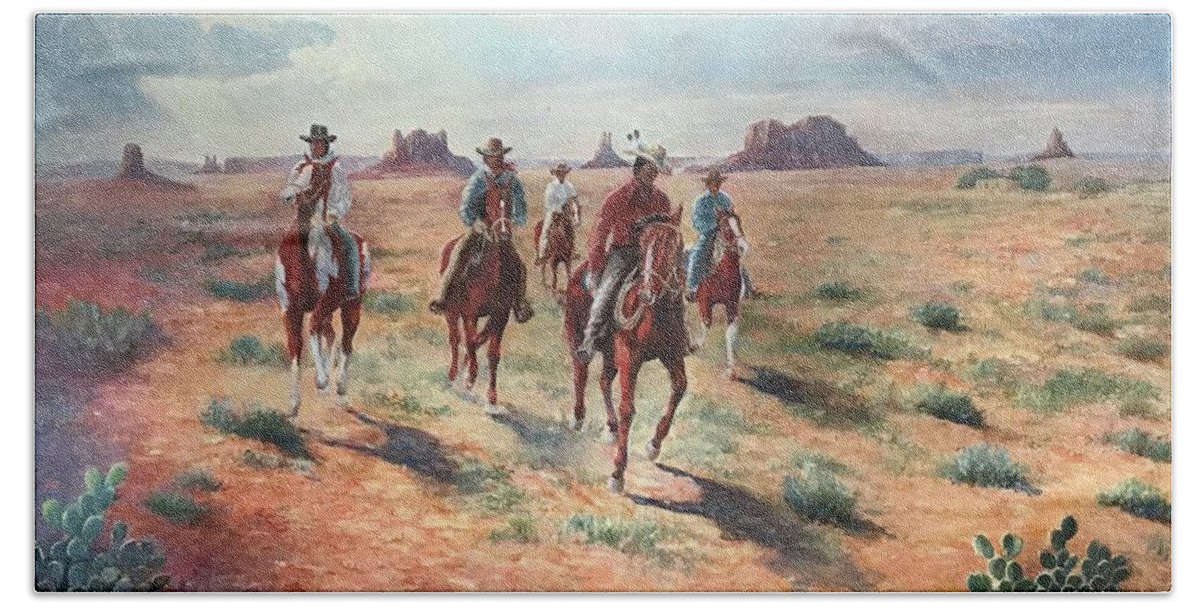 Cowboy Beach Towel featuring the painting Navajo Riders by ML McCormick