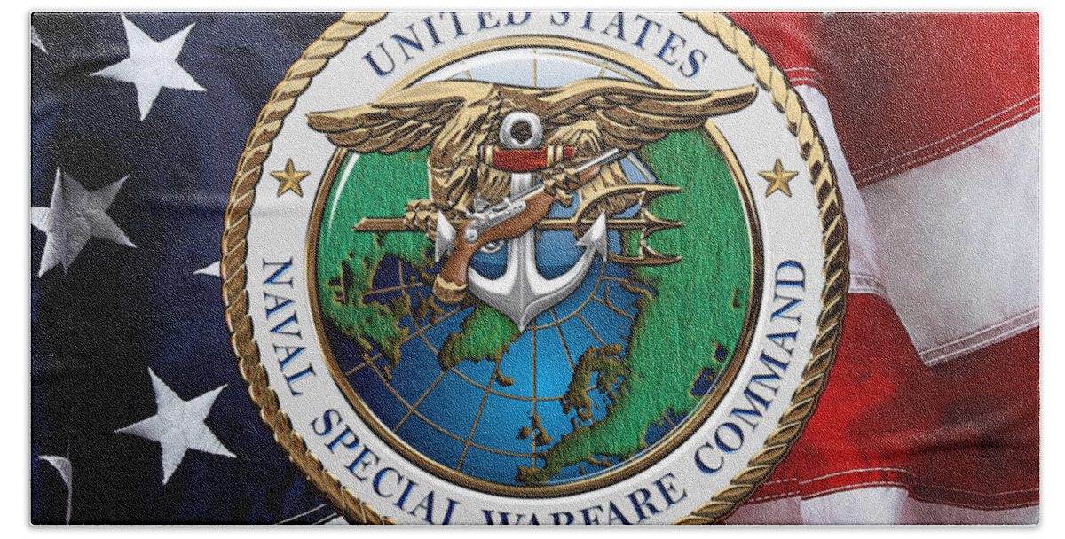 'military Insignia & Heraldry - Nswc' Collection By Serge Averbukh Beach Towel featuring the digital art Naval Special Warfare Command - N S W C - Emblem over U. S. Flag by Serge Averbukh