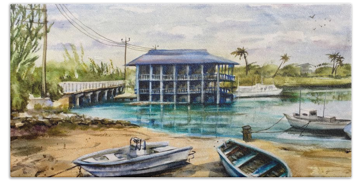 Boats Beach Towel featuring the painting Near Arawak Cay by Katerina Kovatcheva