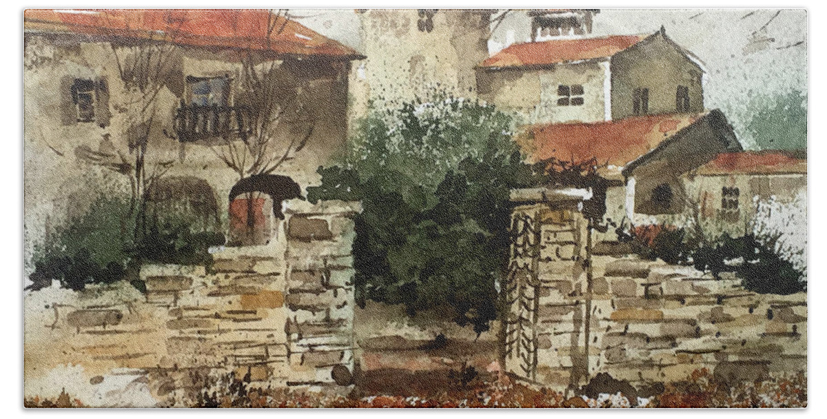 A Rustic Gate Opens To A Rural Villa. Beach Towel featuring the painting Neighbors Gate by Monte Toon