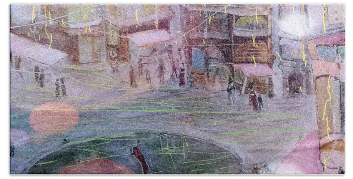 Cityscape Beach Sheet featuring the painting Neighbourhood during festival by Subrata Bose