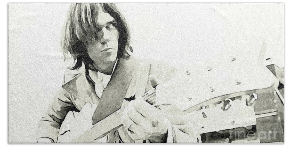 Neil Young Watercolor Beach Towel featuring the painting Neil Young Watercolor by John Malone