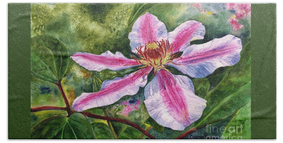 Cynthia Pride Watercolor Paintings Beach Towel featuring the painting Nelly Moser Clematis by Cynthia Pride