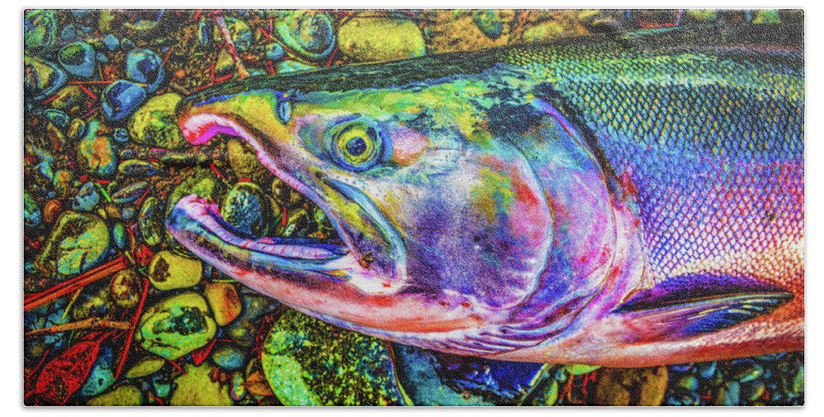 Fishing Beach Towel featuring the photograph Neon Coho by Jason Brooks