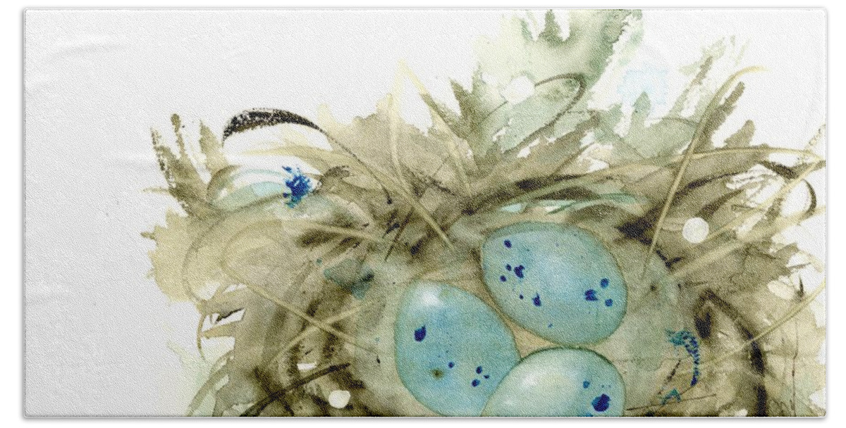 Watercolor Nest Beach Towel featuring the painting Nest and 3 Eggs by Dawn Derman