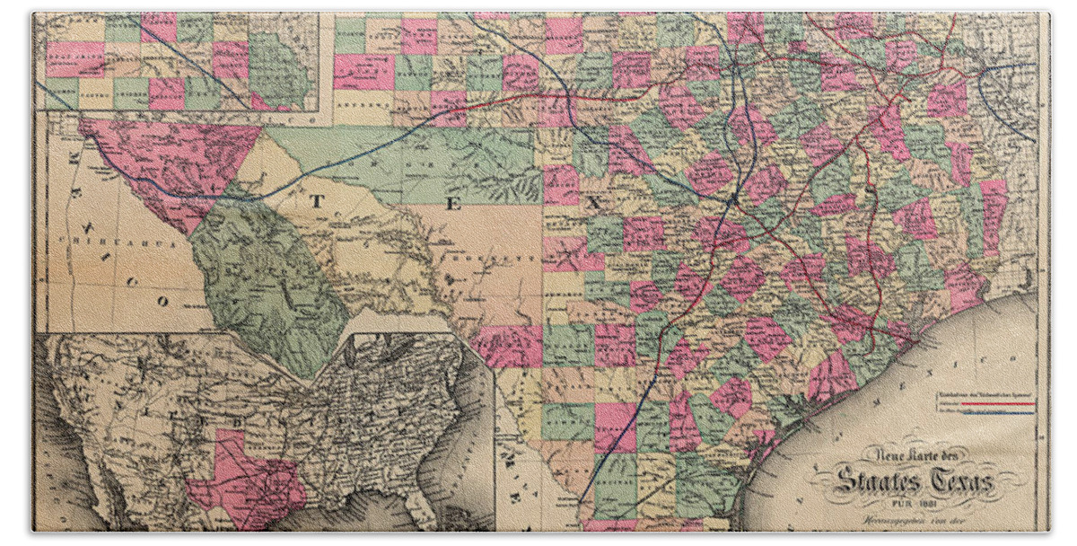 Texas Beach Towel featuring the digital art Neue Karte de Staates Texas 1881 by Texas Map Store