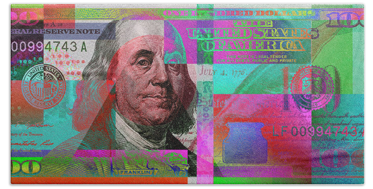 'paper Currency' Collection By Serge Averbukh Beach Towel featuring the digital art New 2009 Series Pop Art Colorized US One Hundred Dollar Bill No. 3 by Serge Averbukh