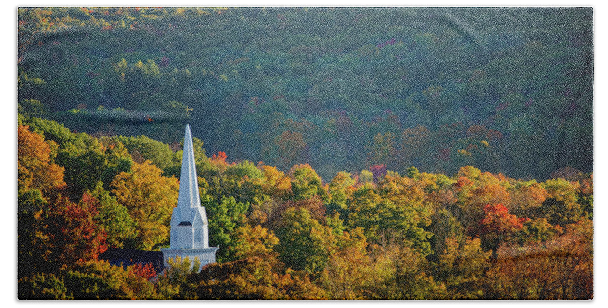Autumn Beach Towel featuring the photograph New England Steeple in Autumn by Donna Doherty