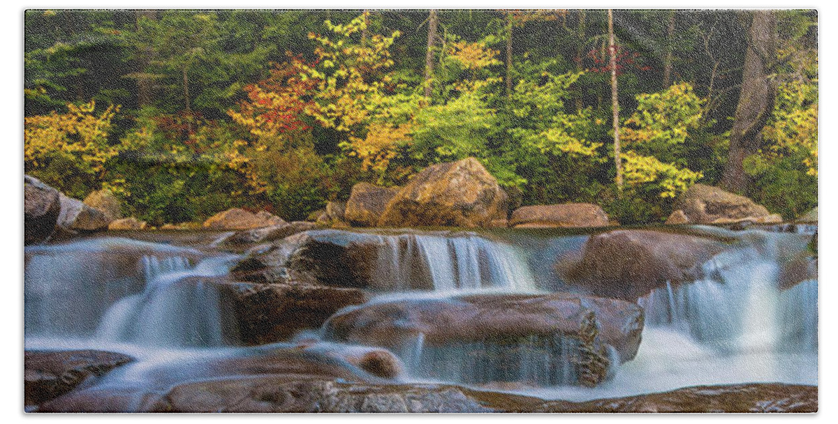 Fall Foliage Beach Towel featuring the photograph New Hampshire White Mountains Swift River Waterfall in Autumn with Fall Foliage by Ranjay Mitra