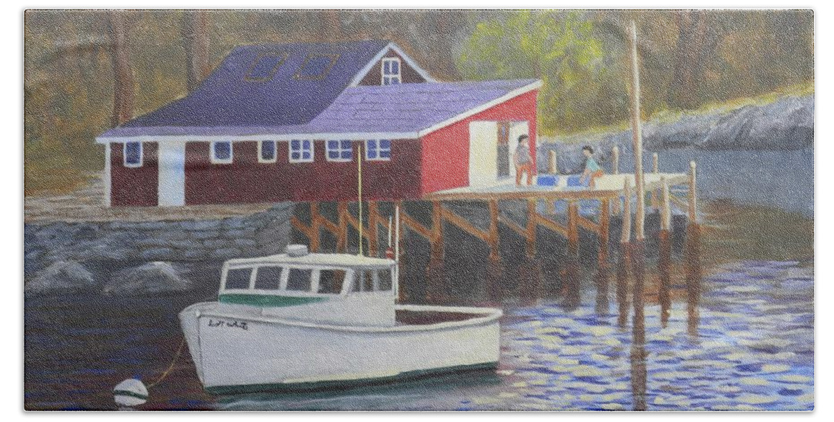New Harbor Lobster Boat Water Reflexions Ocean Building Mooring Dock Beach Sheet featuring the painting New Harbor Sunrise by Scott W White