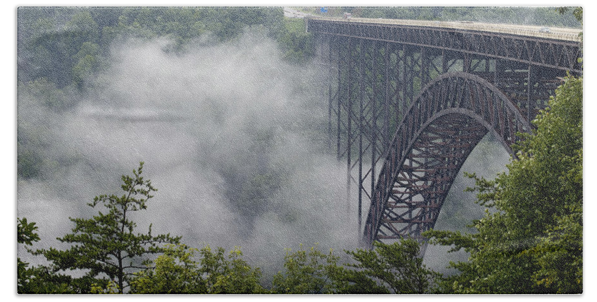 New Beach Towel featuring the photograph New River Gorge Bridge on a Foggy Day in West Virginia by Brendan Reals