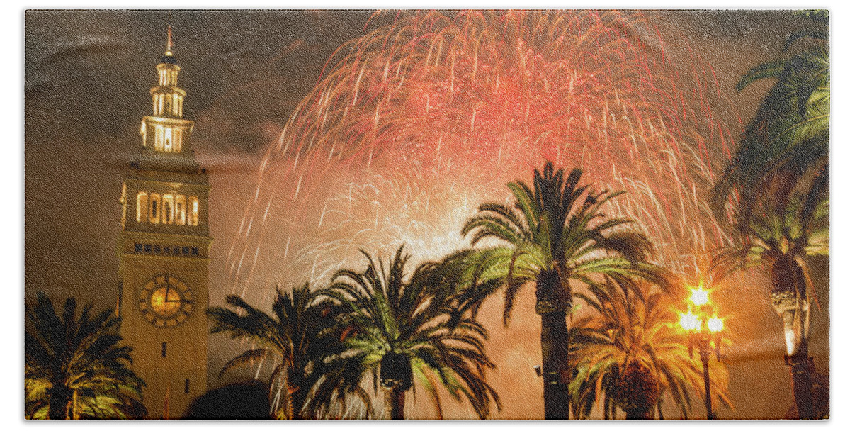 New Years Fireworks Finale San Francisco Beach Towel featuring the photograph New Years Fireworks Finale San Francisco by Bonnie Follett