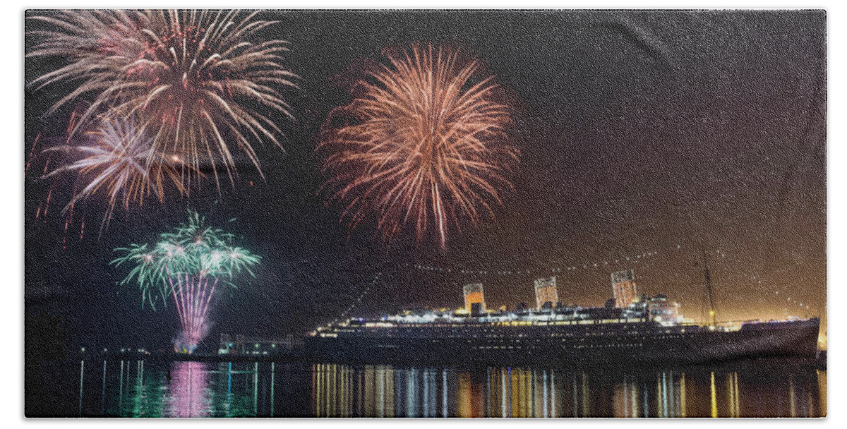 Rms Queenmary Beach Towel featuring the photograph New Years with The Queen Mary by Denise Dube