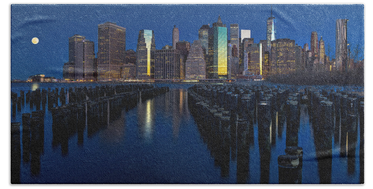 World Trade Center Beach Towel featuring the photograph New York City Moonset by Susan Candelario