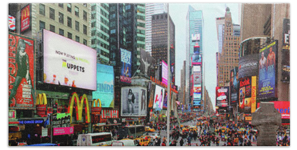 New York Times Square Beach Towel featuring the photograph New York Times Square Panorama by Kasia Bitner
