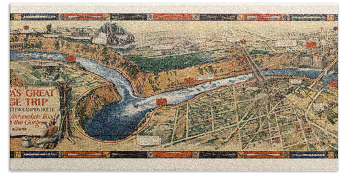 Pictorial Map Beach Towel featuring the drawing Niagara's Great Gorge Trip - Pictorial Map - Antique Illustrated Map by Studio Grafiikka