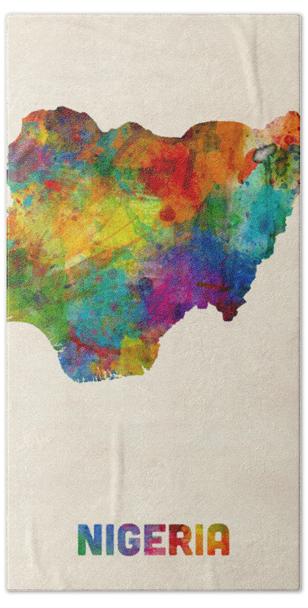 Map Art Beach Towel featuring the digital art Nigeria Watercolor Map by Michael Tompsett