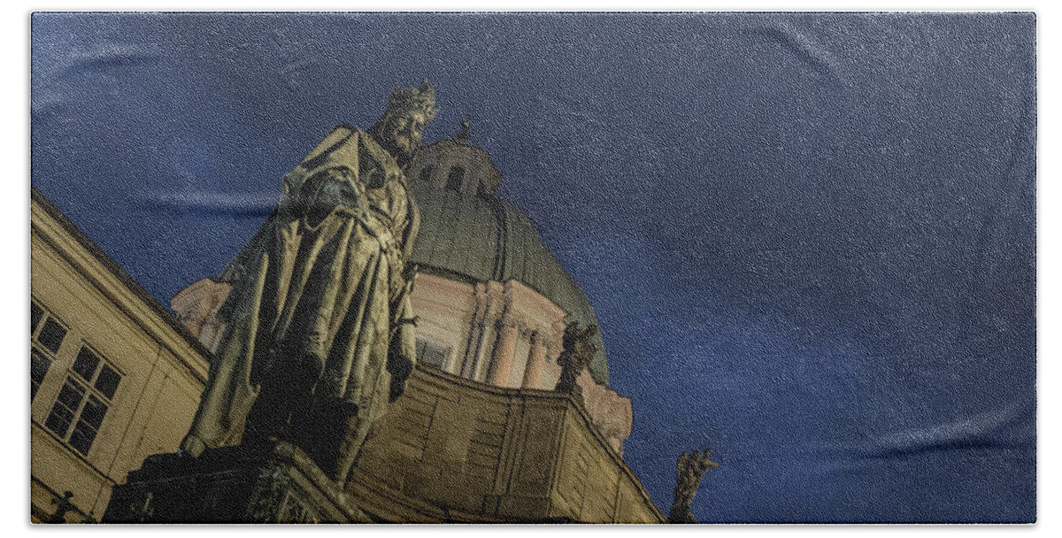 Prague Beach Towel featuring the photograph Night at the foot of St. Charles Bridge by Matthew Wolf