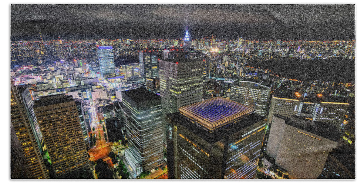 Cityscape Beach Sheet featuring the photograph Night at Tokyo Metropolitan Government Building by Craig Szymanski