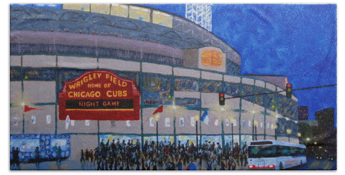Wrigley Field Beach Towel featuring the painting Night Game by J Loren Reedy