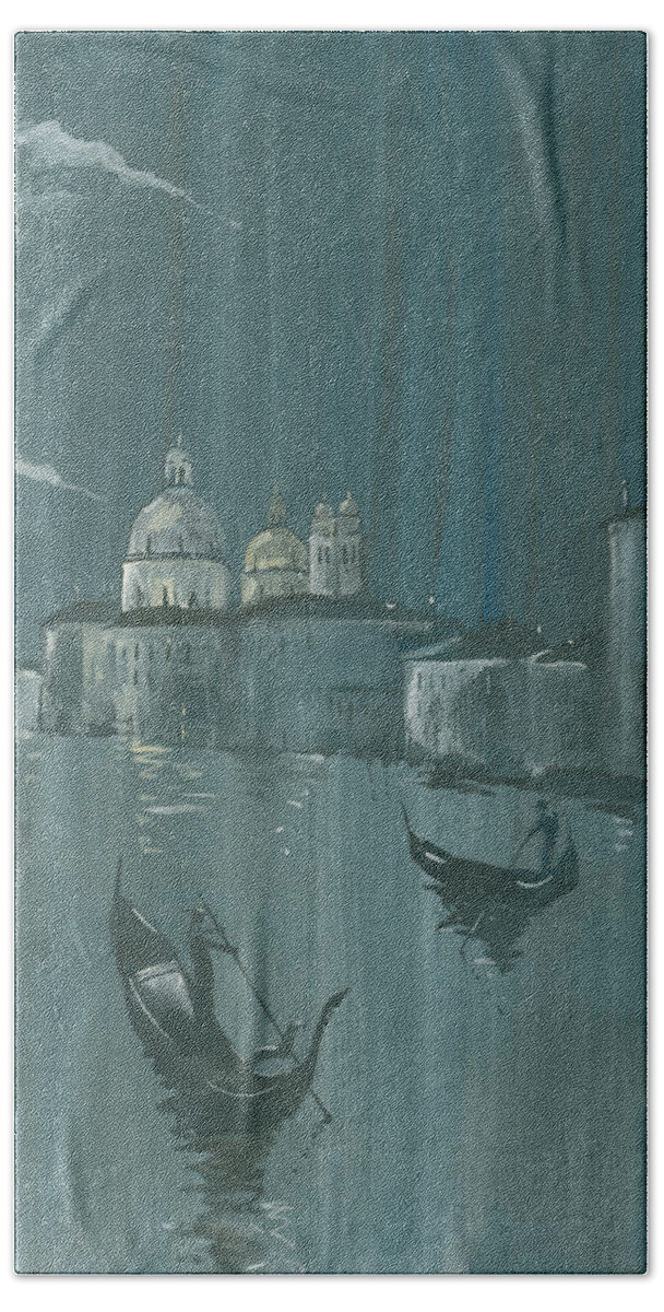 Painting Beach Towel featuring the painting Night in Venice. Gondolas by Igor Sakurov
