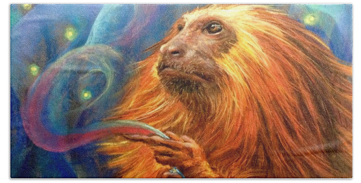 Lion Haired Tamarin Beach Towel featuring the mixed media Night King Lion Haired Tamarin by Jieming Wang