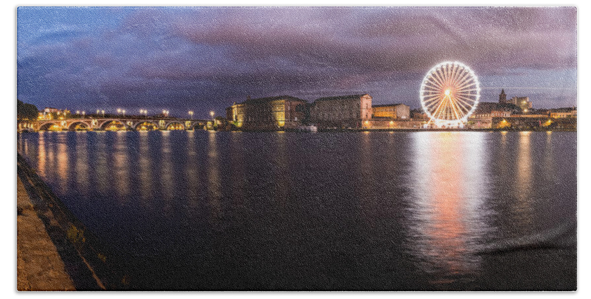 Bridge Beach Sheet featuring the photograph Nightly panorama of the Garonne river and Pont Neuf by Semmick Photo