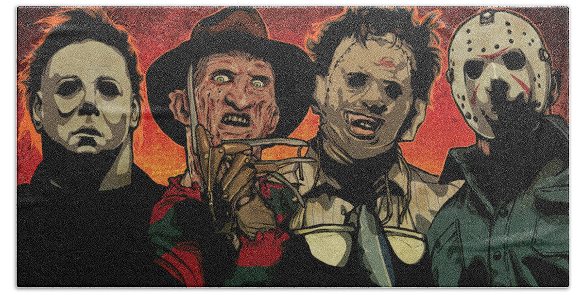 Michael Myers Freddy Krueger Leatherface Texas Chainsaw Massacre Jason Voorhees Friday The 13th Nightmare Elm Street Halloween Scary Horror Terror Movie Film Monster Slasher Classic Flick Poster Killer Illustration Drawing Portrait Digital Beach Towel featuring the drawing Nightmare by Miggs The Artist