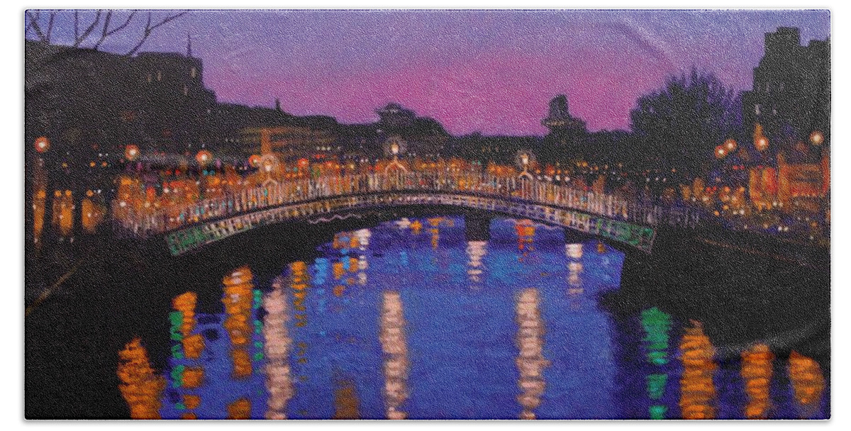 Dublin Beach Towel featuring the painting Nighttown Ha Penny Bridge Dublin by John Nolan
