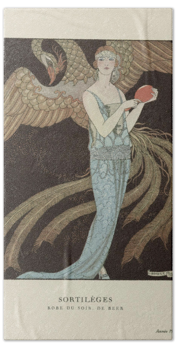 Gazette Du Bon Ton Beach Sheet featuring the painting No. 9 Sortileges Robe du soir, de Beer, George Barbier, 1922 by Celestial Images