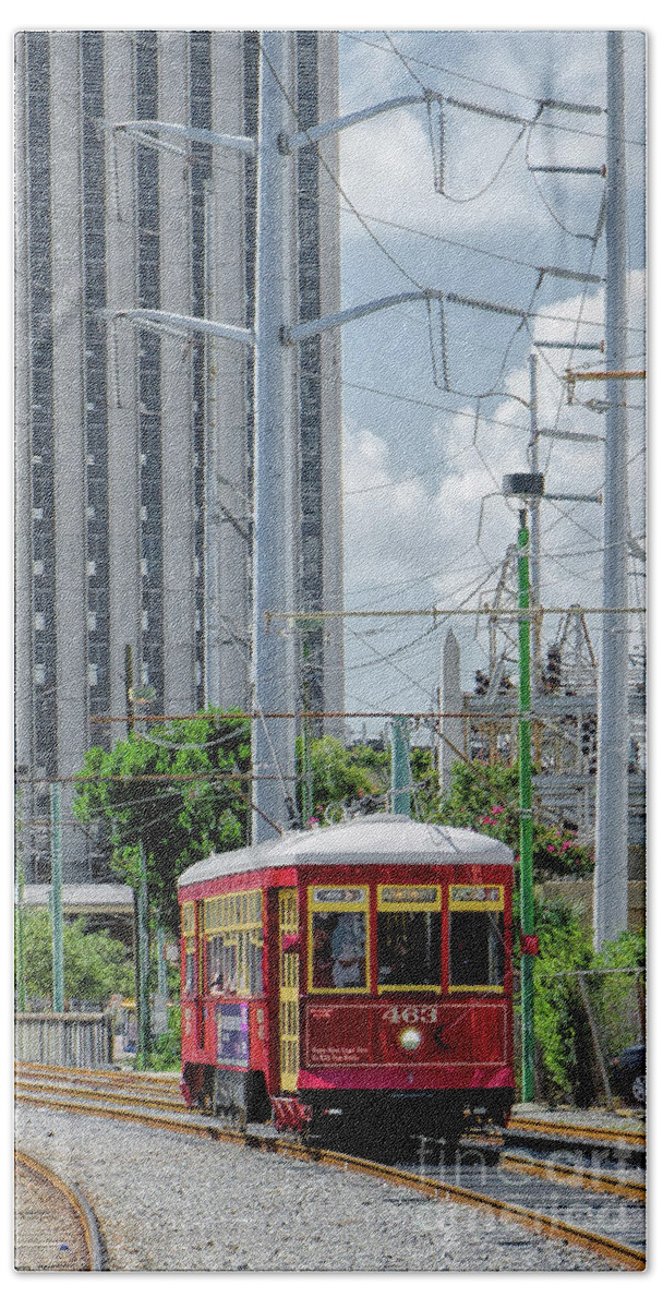 Red Beach Towel featuring the photograph Nola Red Streetcar Riverfront 3 by Kathleen K Parker
