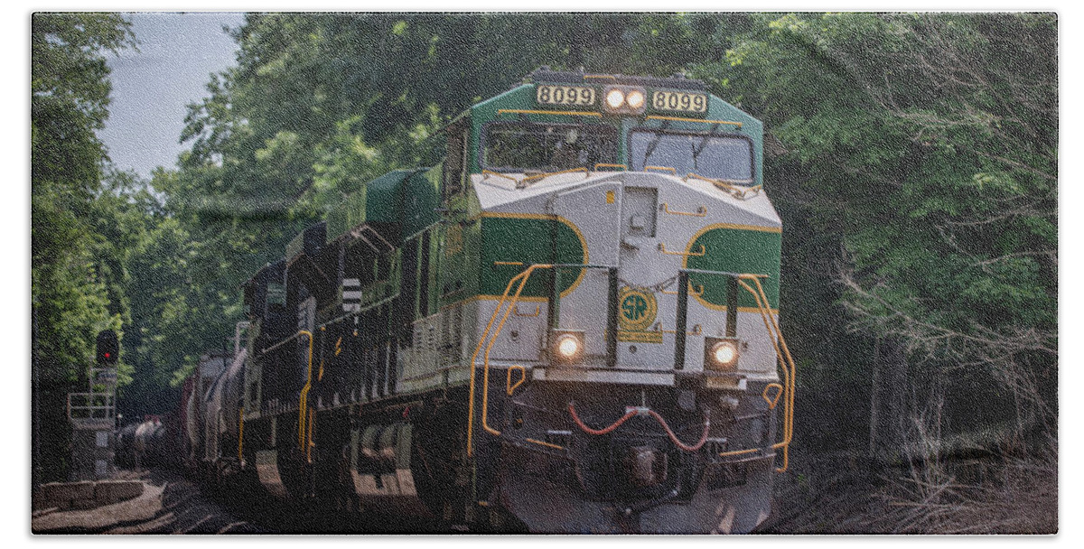#railroad #railroads Train #trains Beach Towel featuring the photograph Norfolk Southern Heritage Southern Unit 8099 at Jefferson Township IN by Jim Pearson