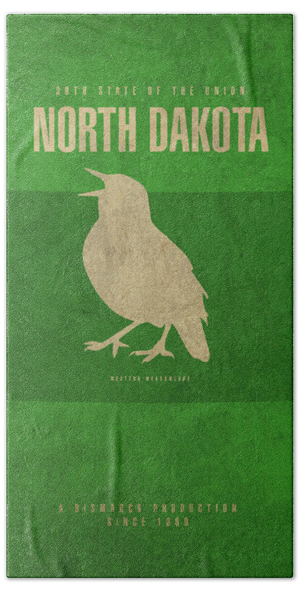 North Dakota Beach Towel featuring the mixed media North Dakota State Facts Minimalist Movie Poster Art by Design Turnpike