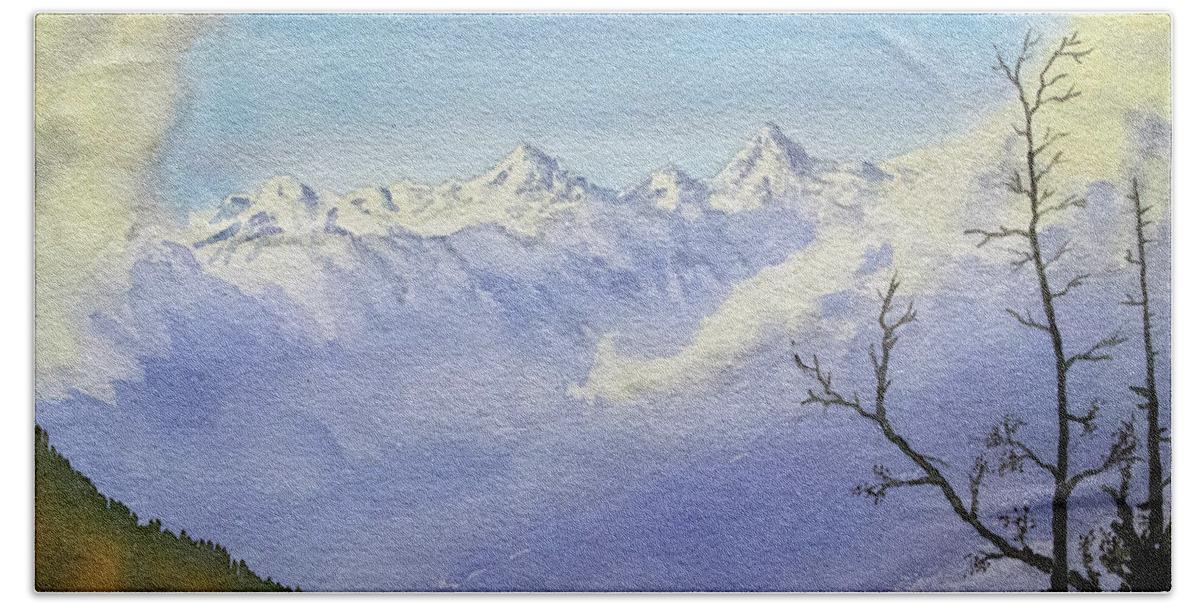 Himalayan Landscape Beach Towel featuring the painting North from Kais Dhar by Mayank M M Reid