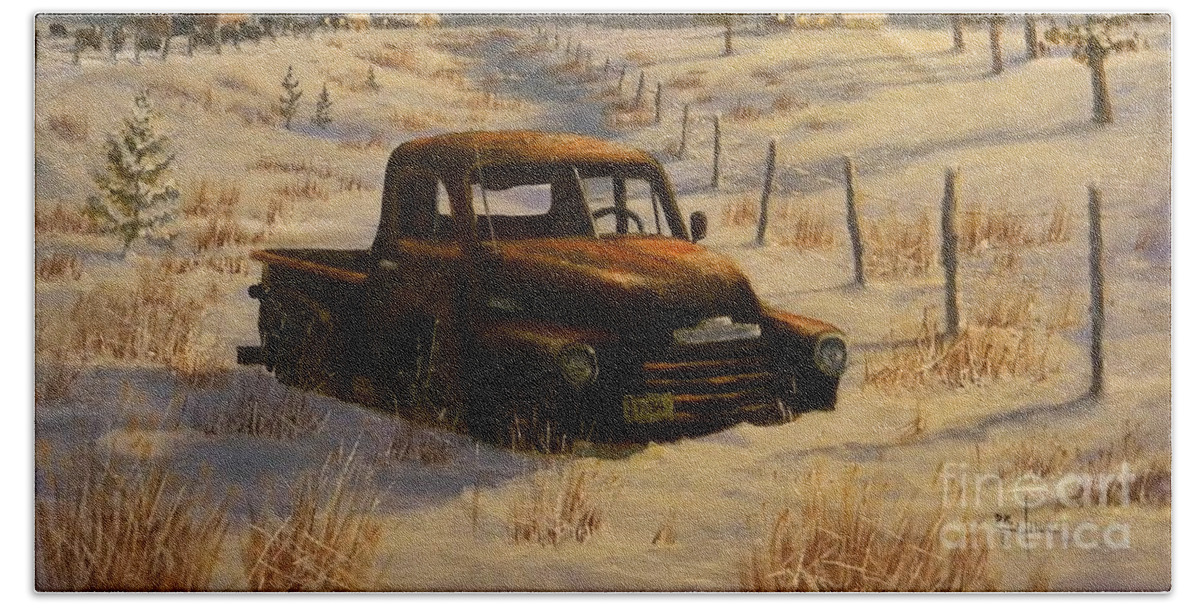 47 Chevy Pickup Beach Towel featuring the painting North Idaho Yard Art by Paul K Hill