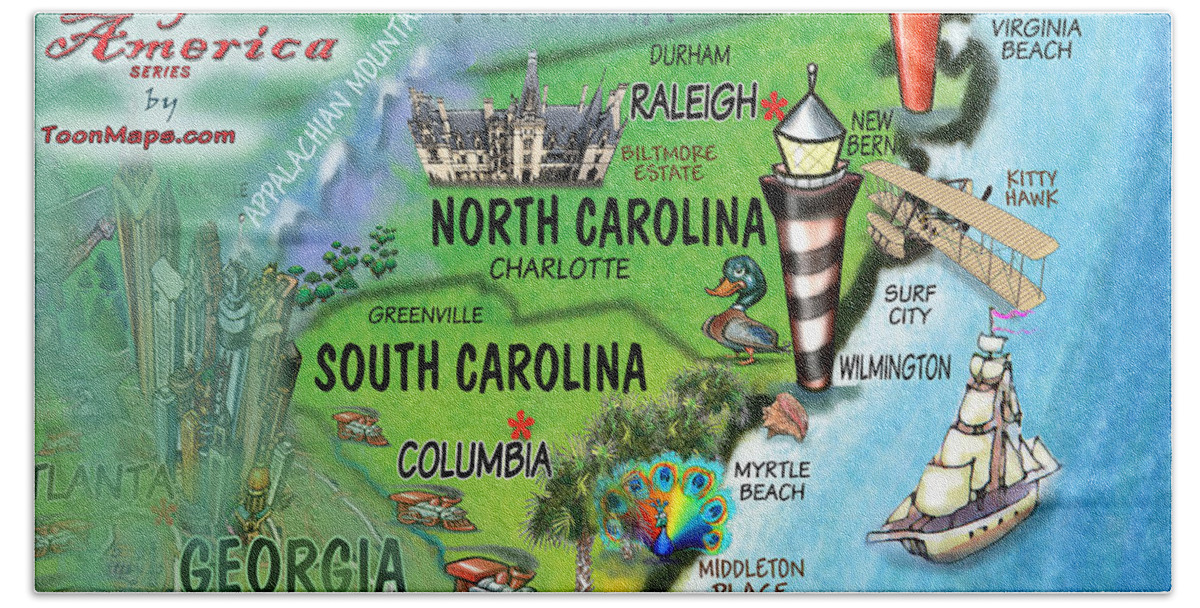 North Carolina Beach Towel featuring the digital art North South Carolina Fun Map by Kevin Middleton