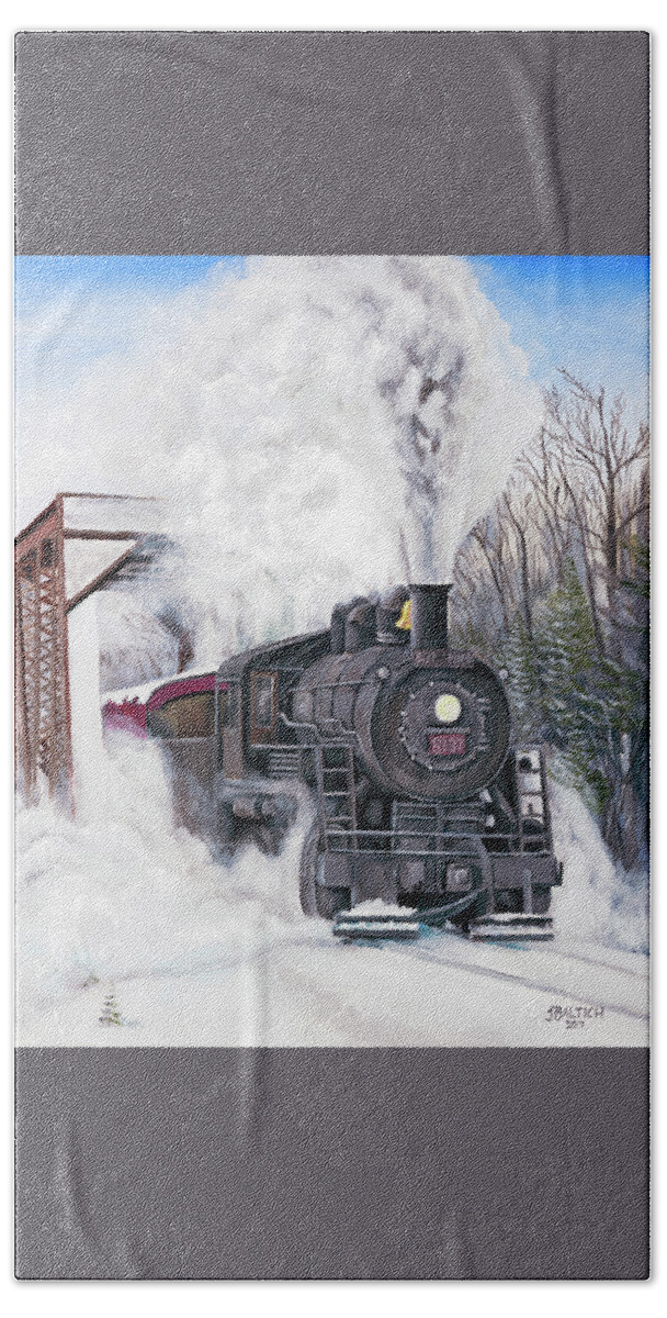 Train Beach Towel featuring the painting Northbound at 35 Below by Joe Baltich
