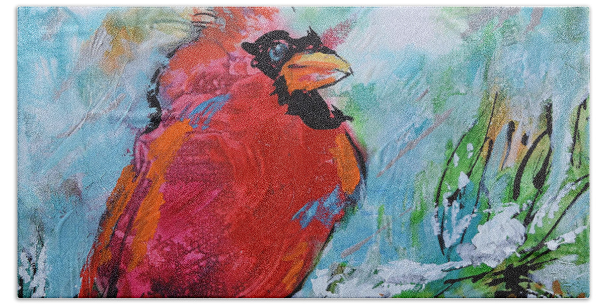 Cardinal Beach Towel featuring the painting Northern Cardinal by Jyotika Shroff