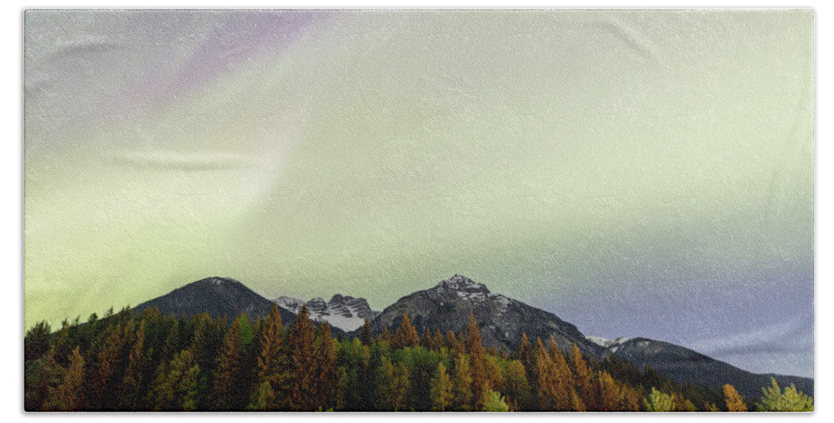 Photosbymch Beach Towel featuring the photograph Northern Lights over Overlander Mountain by M C Hood