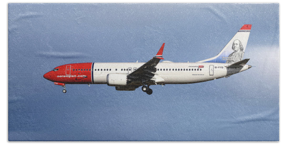 Norwegian Beach Towel featuring the mixed media Norwegian Boeing 737 MAX 8 by Smart Aviation