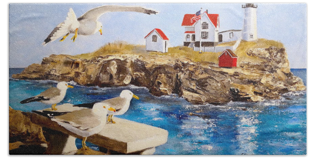 Lighthouse Beach Towel featuring the painting Nubble Light by Alan Lakin