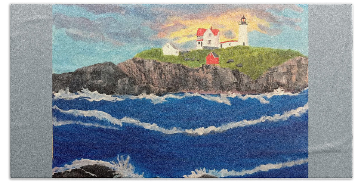 Nubble Beach Towel featuring the painting Nubble Light by Anne Sands