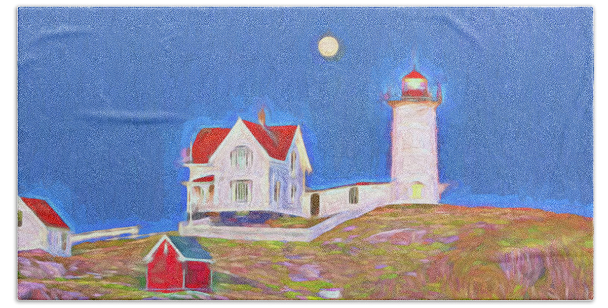 Vacationland Beach Towel featuring the digital art Nubble Lighthouse with Moon by David Smith