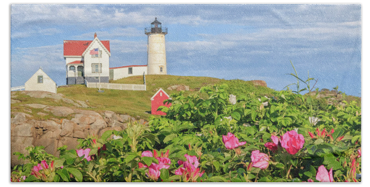 Elizabeth Dow Beach Towel featuring the photograph Nubble Lighthouse York Maine by Elizabeth Dow
