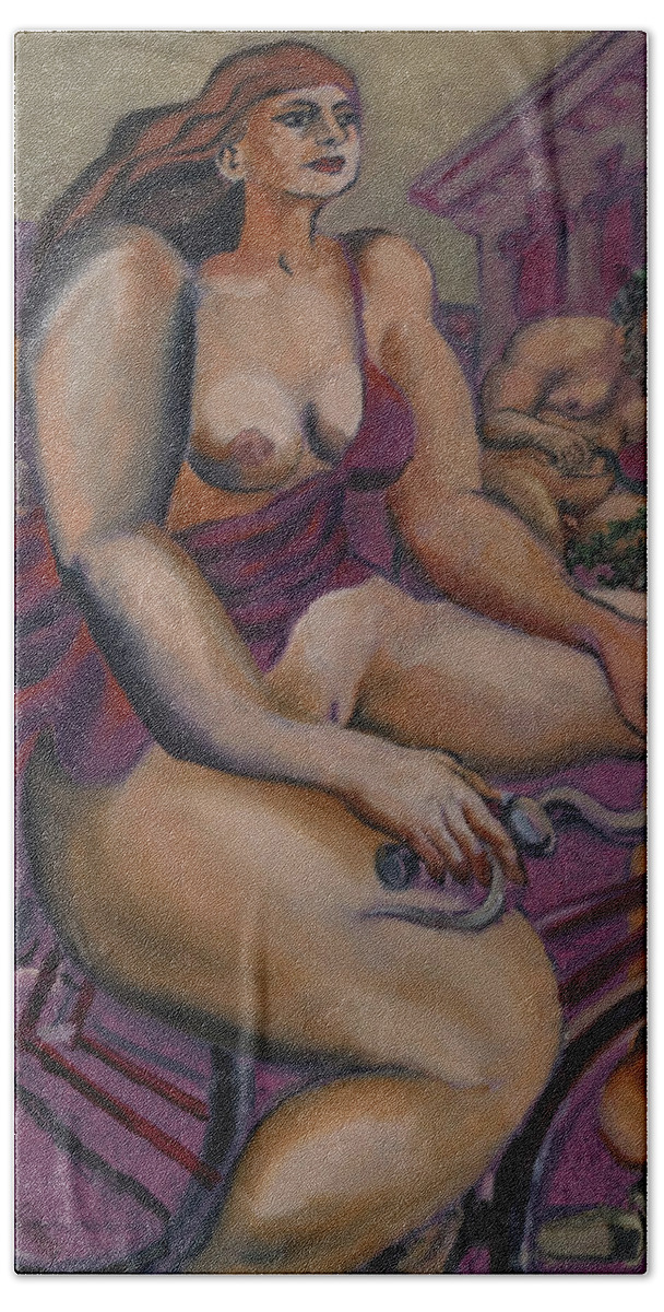 Nudes Beach Towel featuring the painting Nude cyclists with Carracchi Bacchus by Peregrine Roskilly